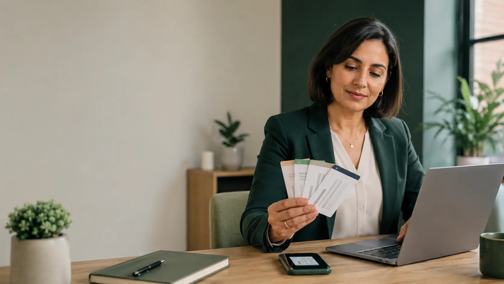A professional reviewing records beside a laptop